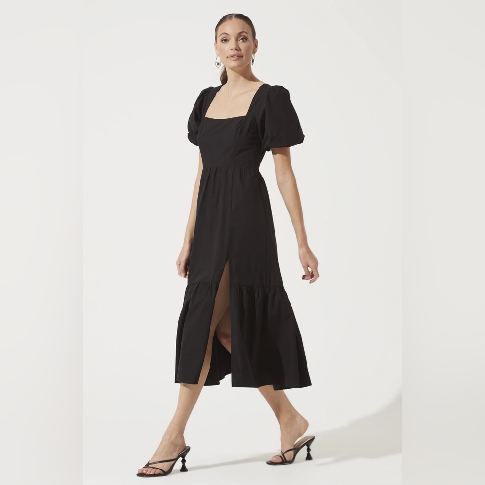ASTR Black Poplin Tiered Maxi Midi Dress with Slit Small